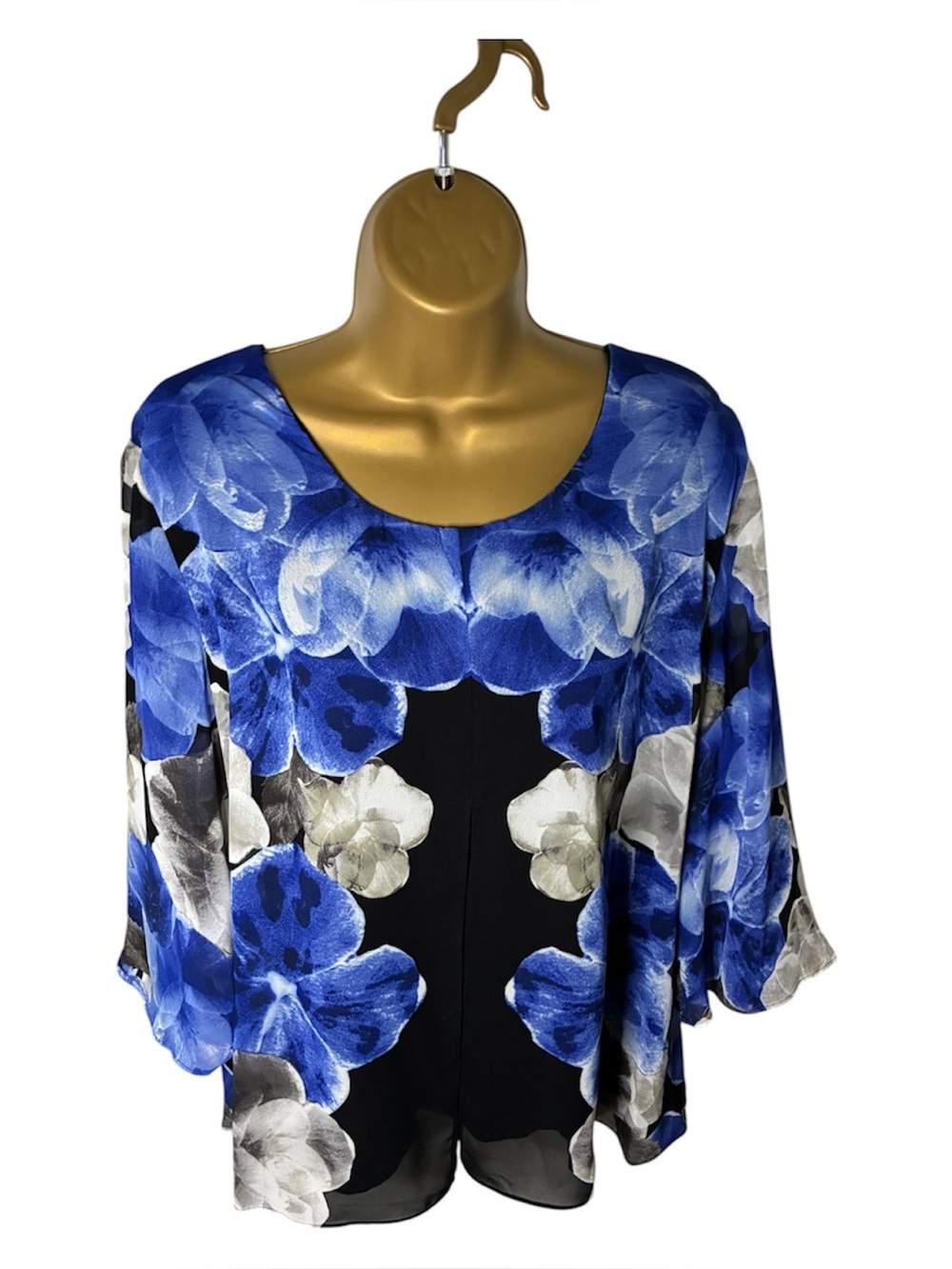 VTG Y2K Allison Daley Petite Floral 3/4 Sleeve Blouse Blue Black White 14P